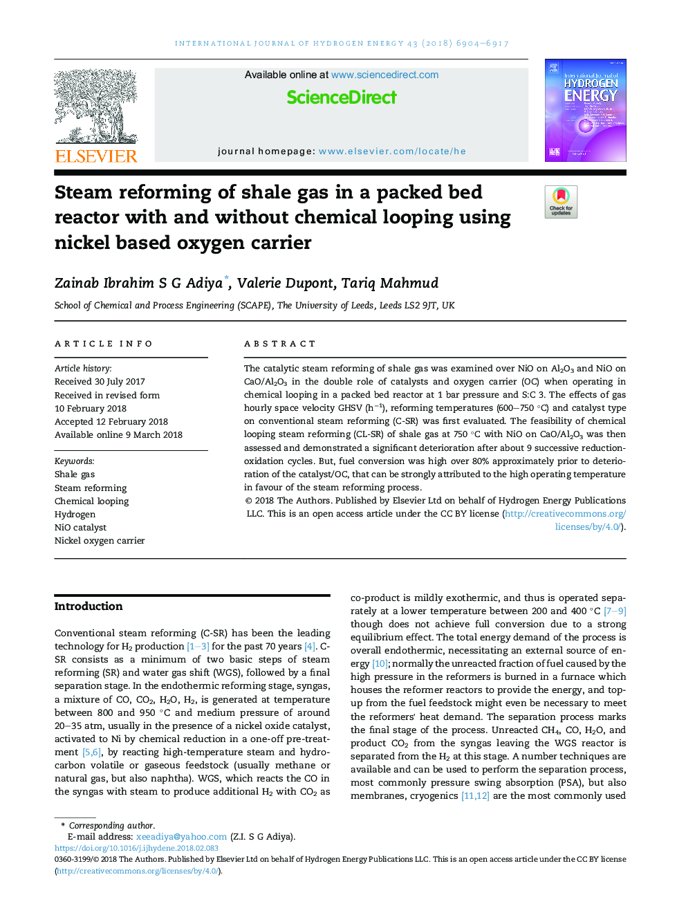 Steam reforming of shale gas in a packed bed reactor with and without chemical looping using nickel based oxygen carrier
