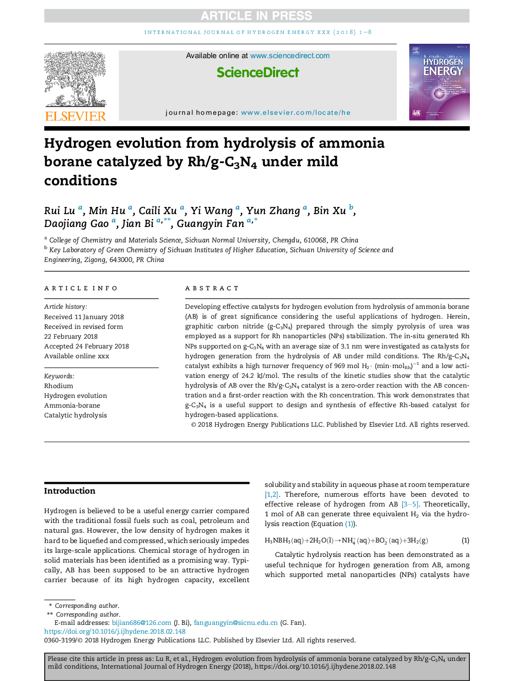 Hydrogen evolution from hydrolysis of ammonia borane catalyzed by Rh/g-C3N4 under mild conditions