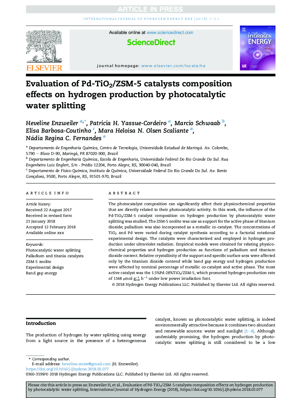 Evaluation of Pd-TiO2/ZSM-5 catalysts composition effects on hydrogen production by photocatalytic water splitting