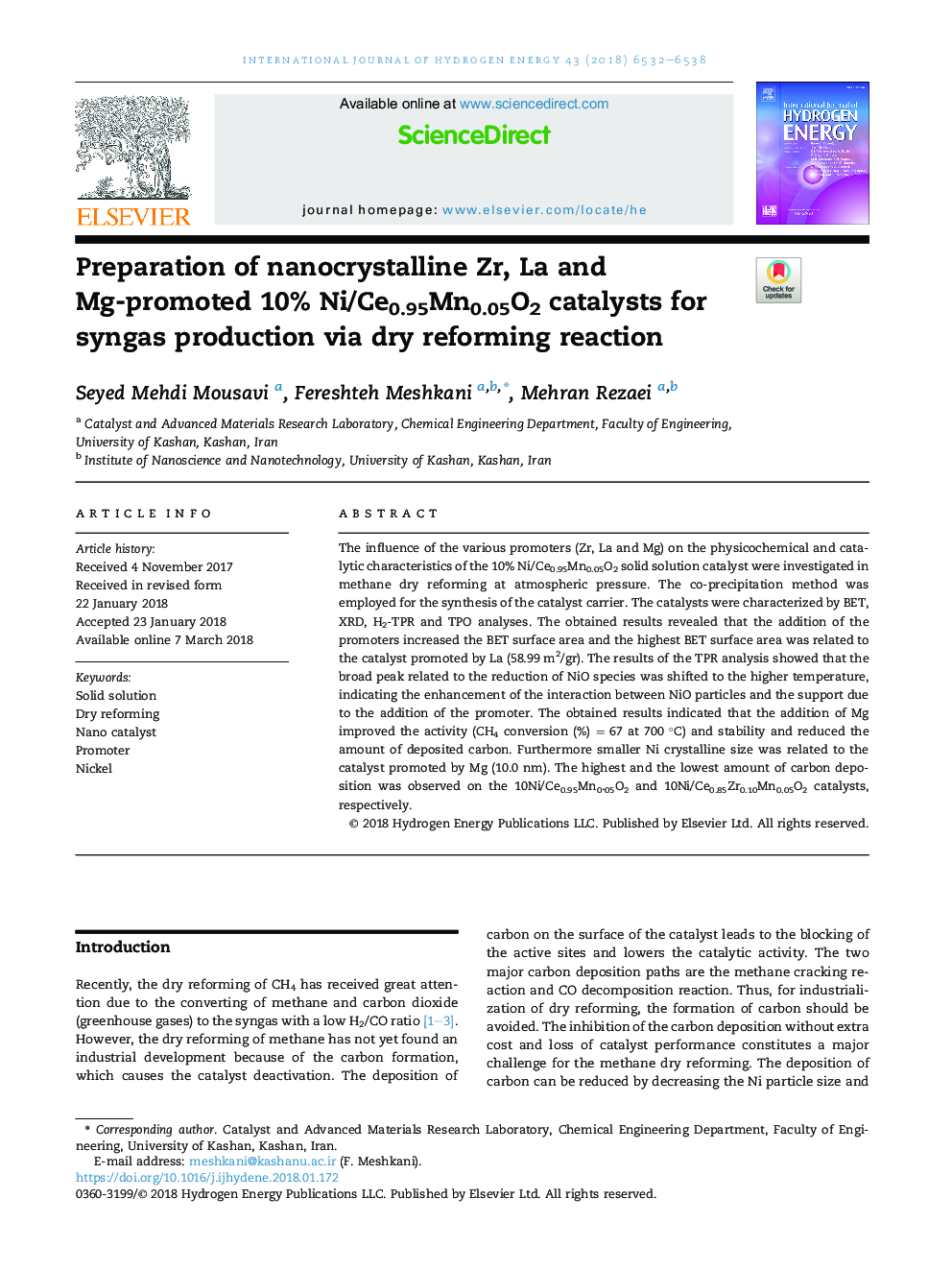 Preparation of nanocrystalline Zr, La and Mg-promoted 10% Ni/Ce0.95Mn0.05O2 catalysts for syngas production via dry reforming reaction