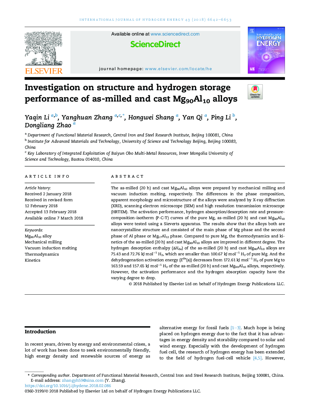 Investigation on structure and hydrogen storage performance of as-milled and cast Mg90Al10 alloys