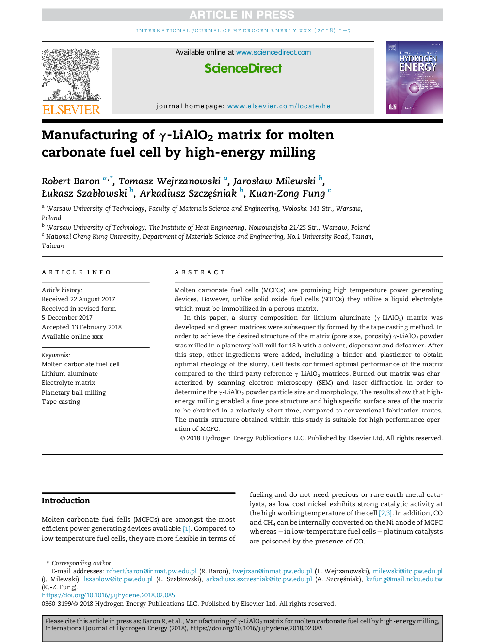 Manufacturing of Î³-LiAlO2 matrix for molten carbonate fuel cell by high-energy milling