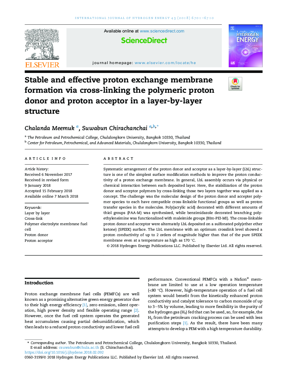 Stable and effective proton exchange membrane formation via cross-linking the polymeric proton donor and proton acceptor in a layer-by-layer structure