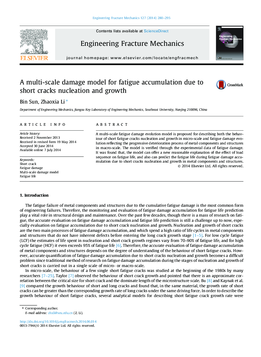A multi-scale damage model for fatigue accumulation due to short cracks nucleation and growth