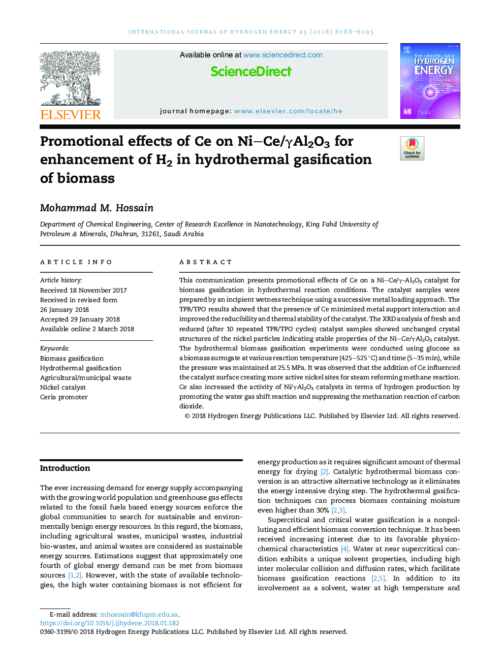 Promotional effects of Ce on NiCe/Î³Al2O3 for enhancement of H2 in hydrothermal gasification ofÂ biomass