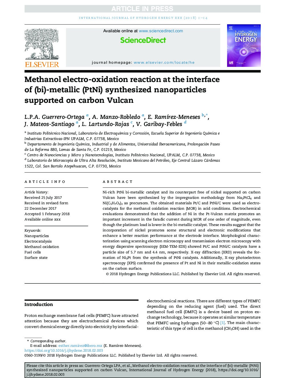 Methanol electro-oxidation reaction at the interface of (bi)-metallic (PtNi) synthesized nanoparticles supported on carbon Vulcan