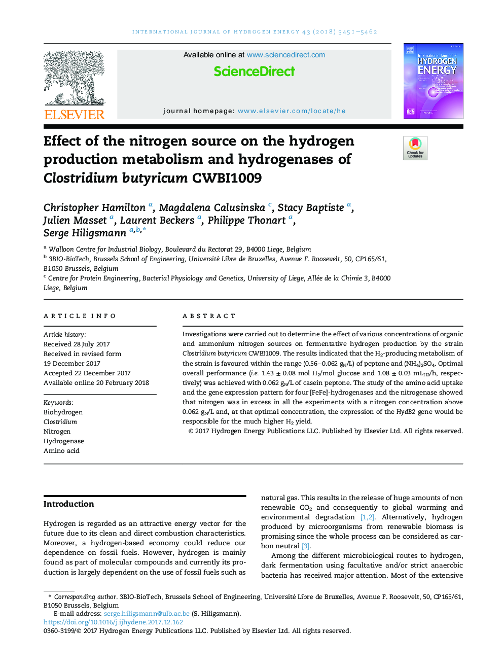 Effect of the nitrogen source on the hydrogen production metabolism and hydrogenases of Clostridium butyricum CWBI1009