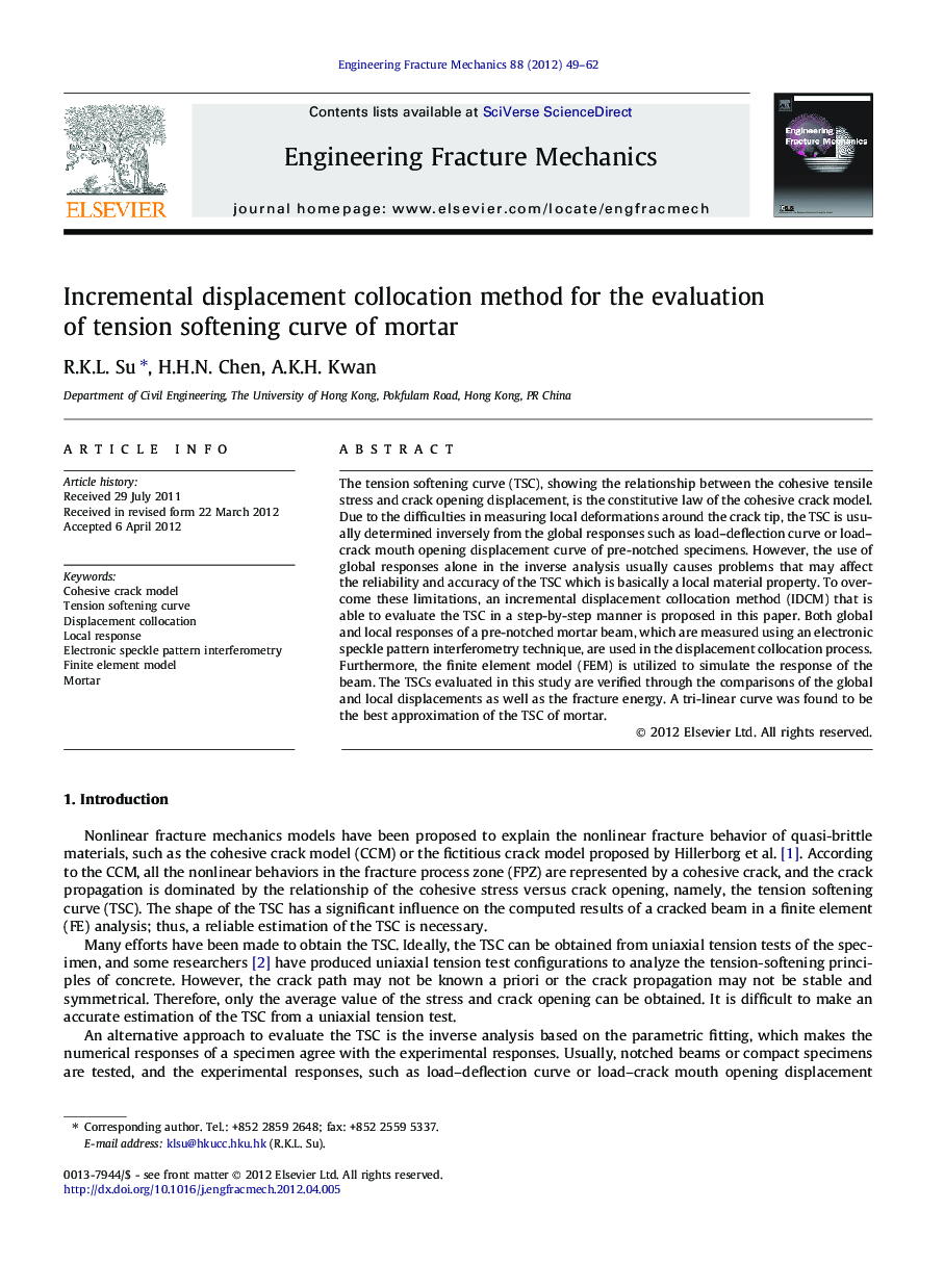 Incremental displacement collocation method for the evaluation of tension softening curve of mortar