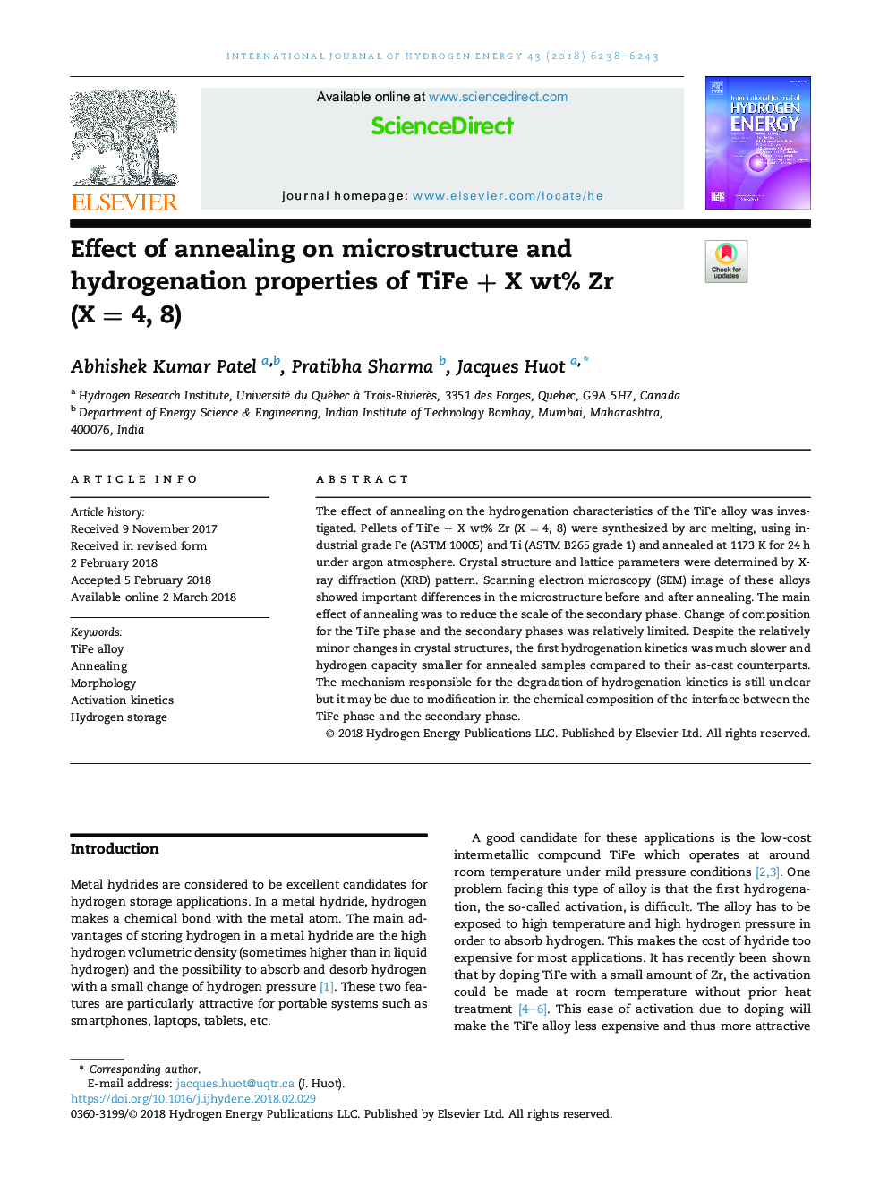 Effect of annealing on microstructure and hydrogenation properties of TiFeÂ +Â XÂ wt% Zr (XÂ =Â 4, 8)
