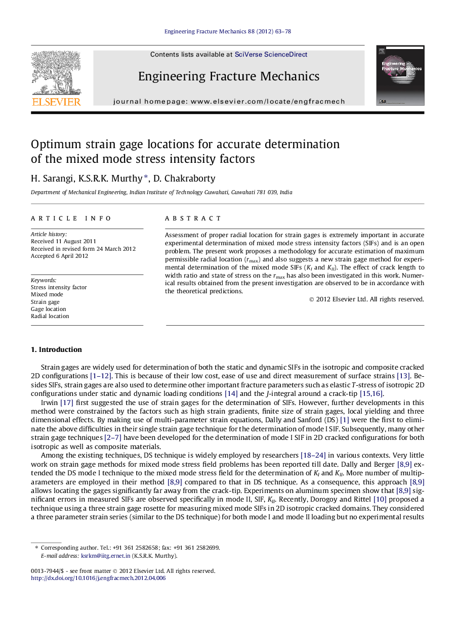 Optimum strain gage locations for accurate determination of the mixed mode stress intensity factors