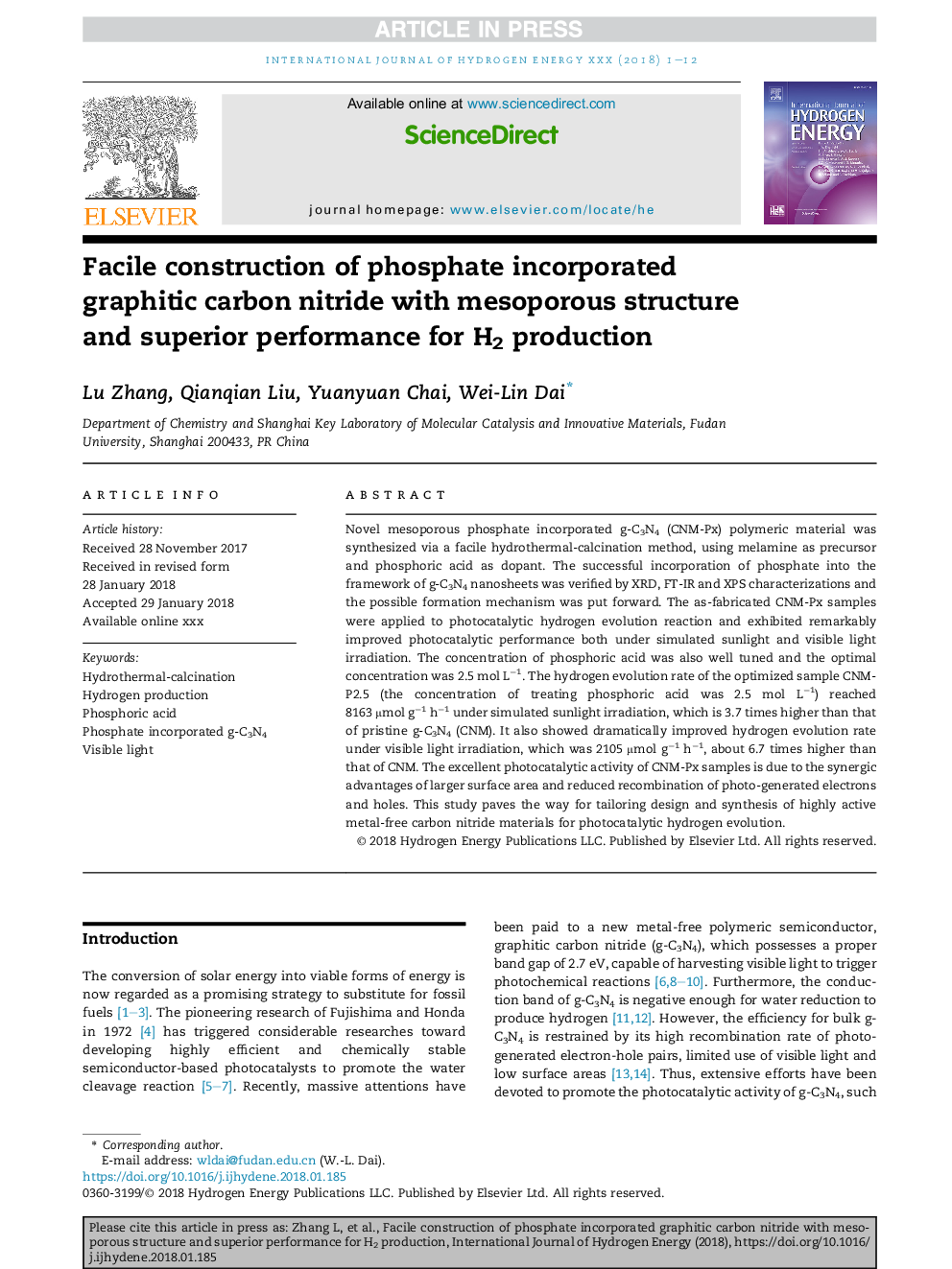 Facile construction of phosphate incorporated graphitic carbon nitride with mesoporous structure and superior performance for H2 production