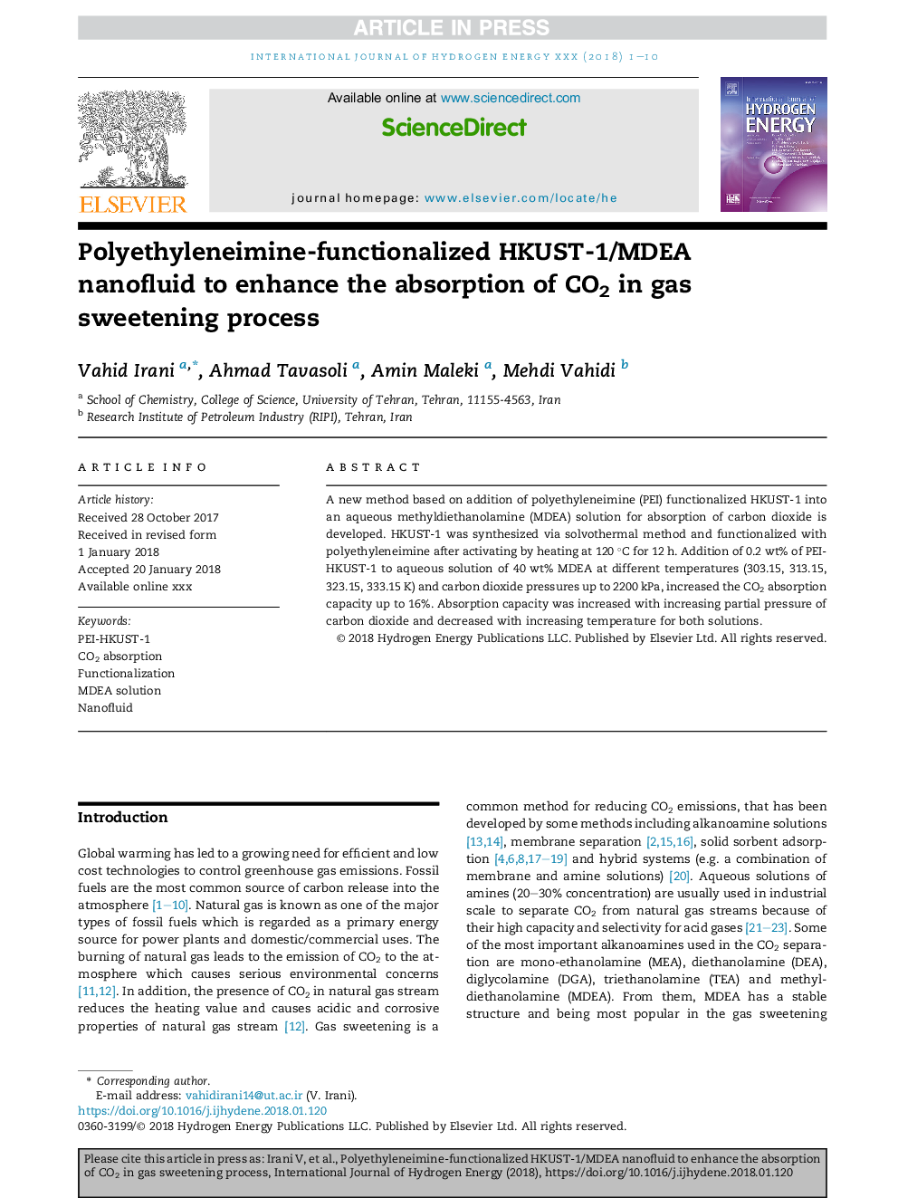 Polyethyleneimine-functionalized HKUST-1/MDEA nanofluid to enhance the absorption of CO2 in gas sweetening process