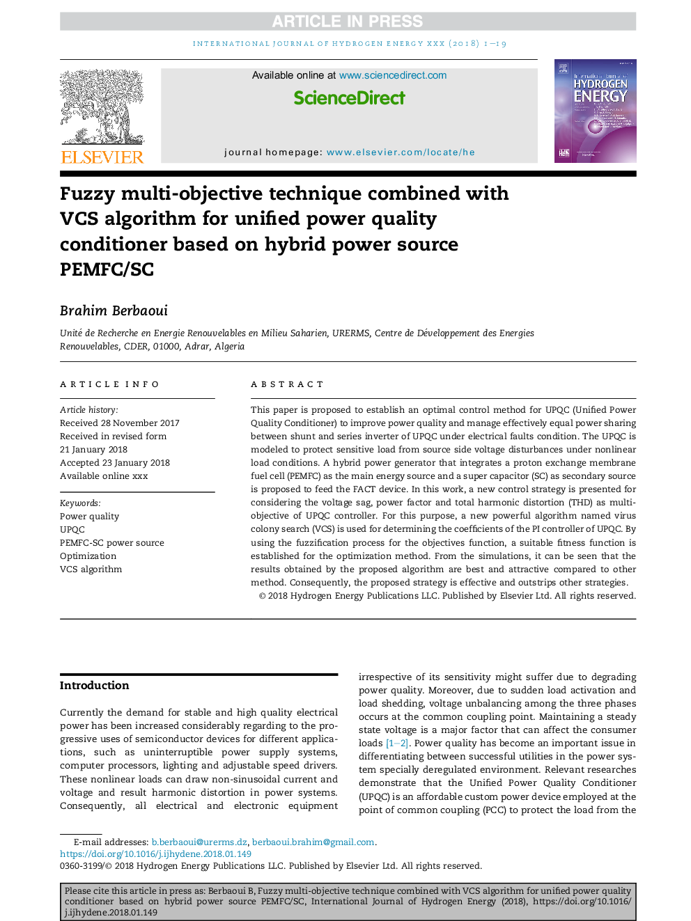 Fuzzy multi-objective technique combined with VCS algorithm for unified power quality conditioner based on hybrid power source PEMFC/SC