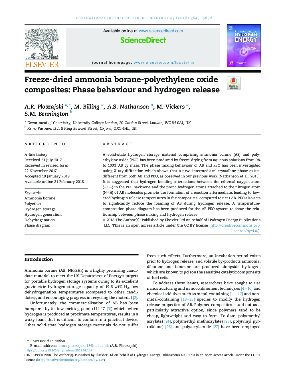 Freeze-dried ammonia borane-polyethylene oxide composites: Phase behaviour and hydrogen release