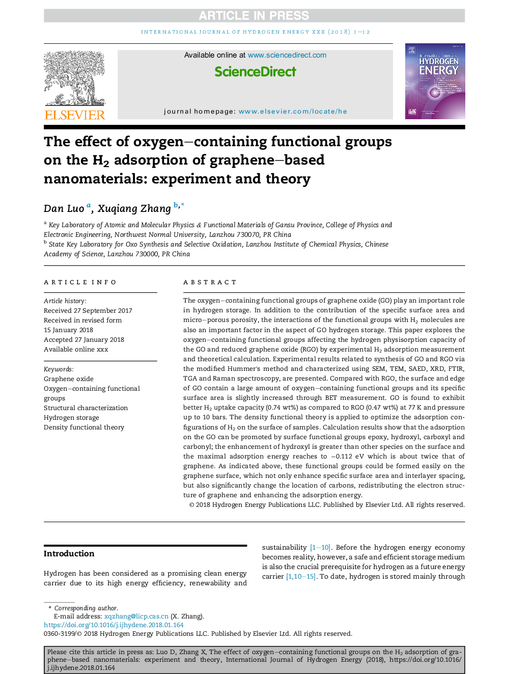 The effect of oxygen-containing functional groups on the H2 adsorption of graphene-based nanomaterials: experiment and theory