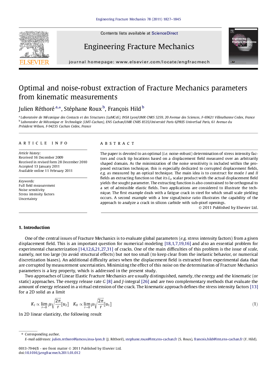 Optimal and noise-robust extraction of Fracture Mechanics parameters from kinematic measurements