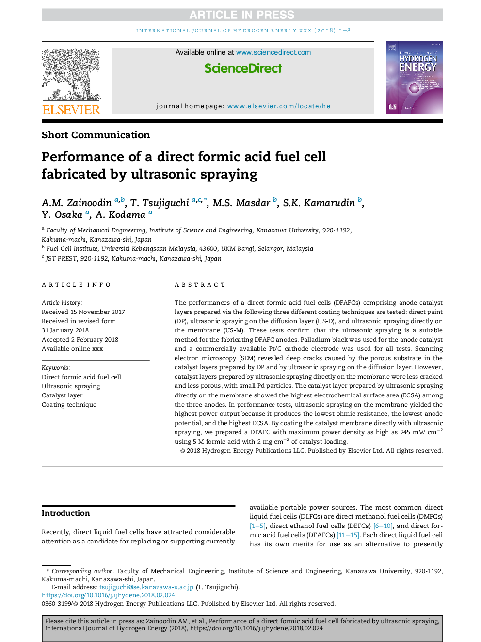 Performance of a direct formic acid fuel cell fabricated by ultrasonic spraying