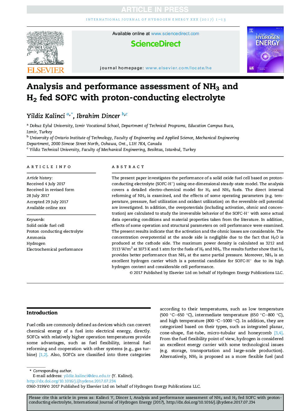 Analysis and performance assessment of NH3 and H2 fed SOFC with proton-conducting electrolyte