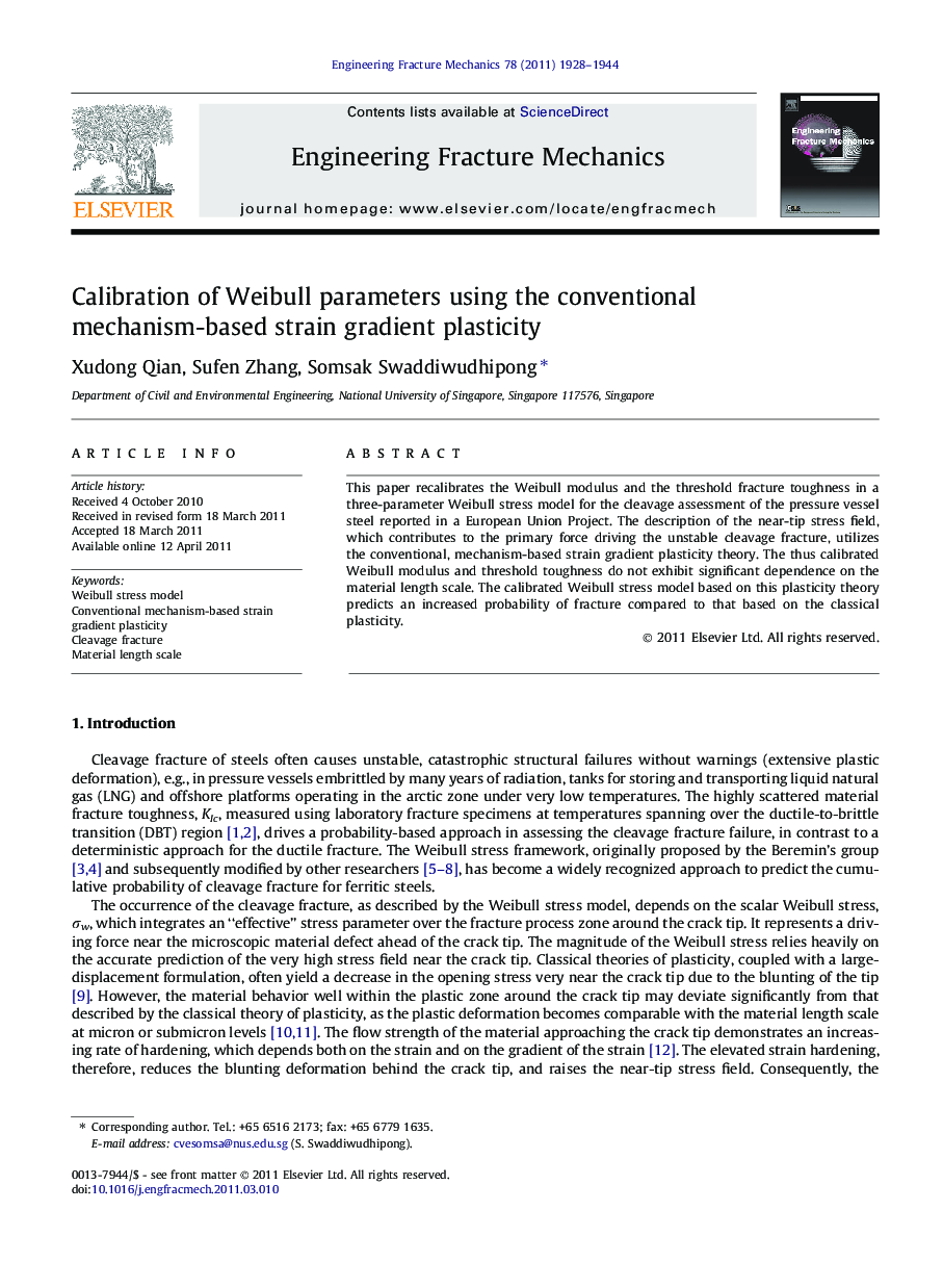 Calibration of Weibull parameters using the conventional mechanism-based strain gradient plasticity