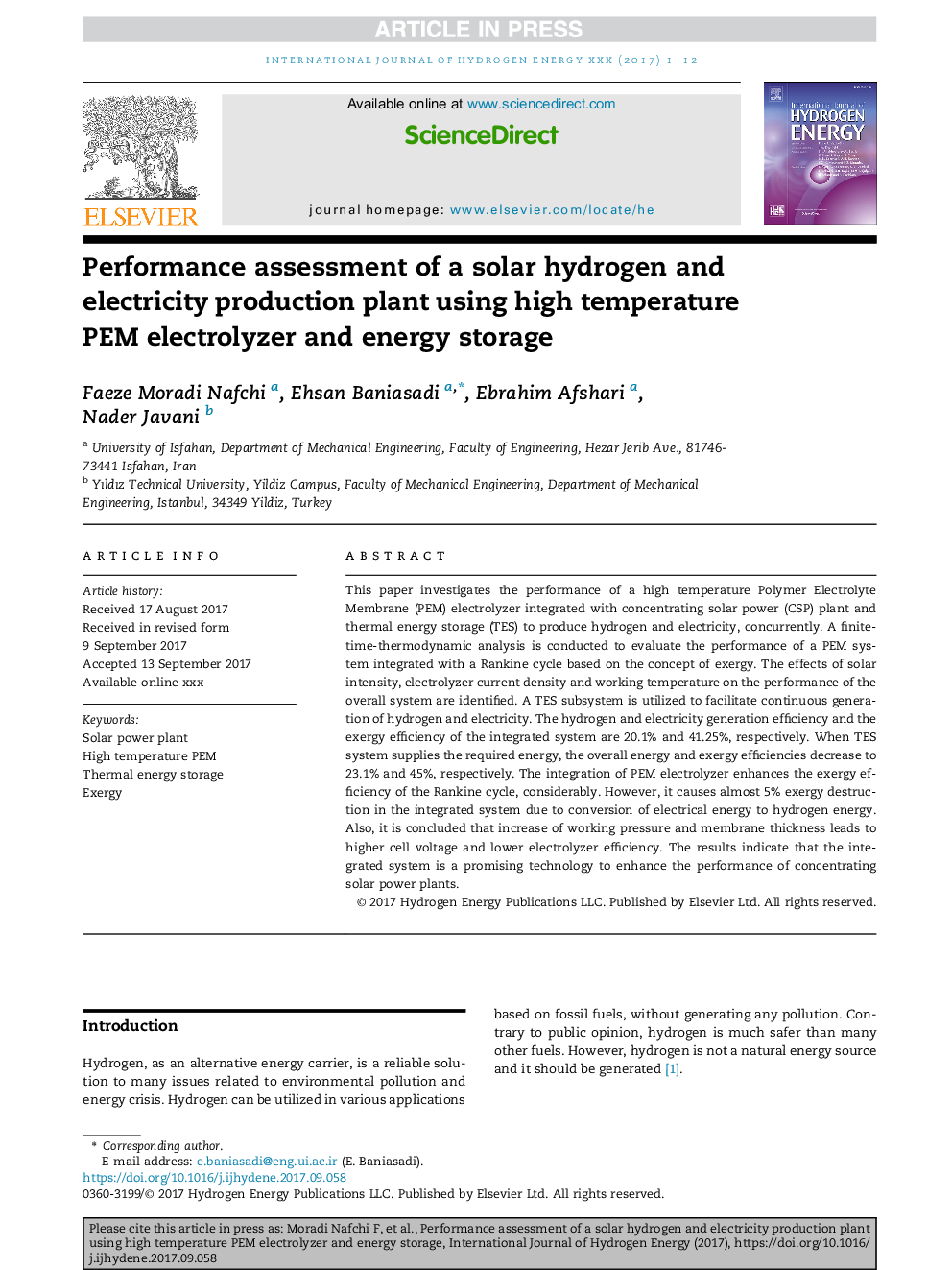 Performance assessment of a solar hydrogen and electricity production plant using high temperature PEM electrolyzer and energy storage