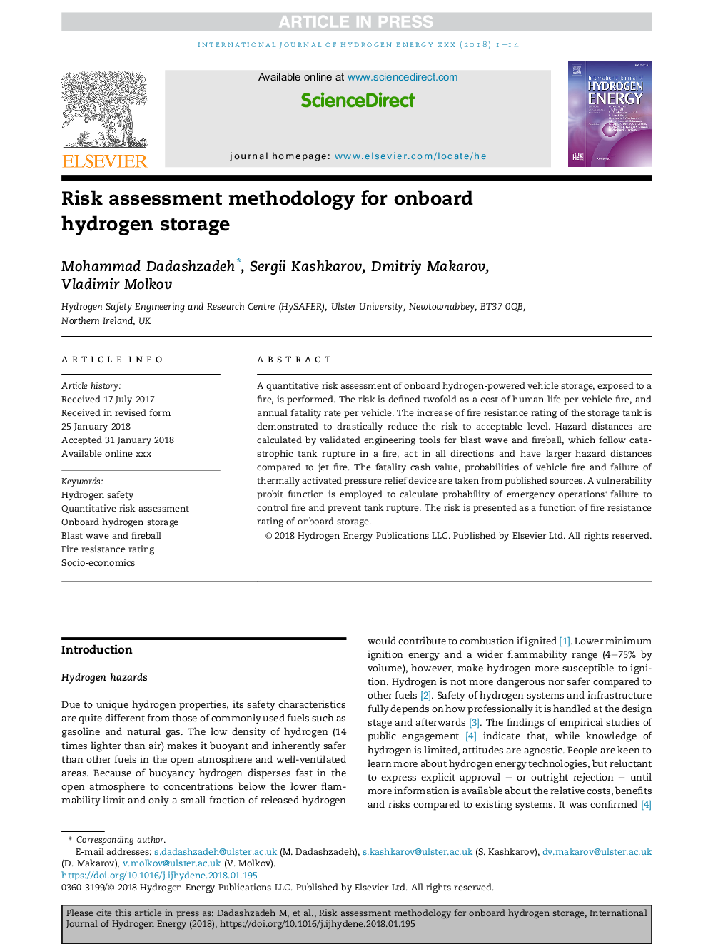 Risk assessment methodology for onboard hydrogen storage