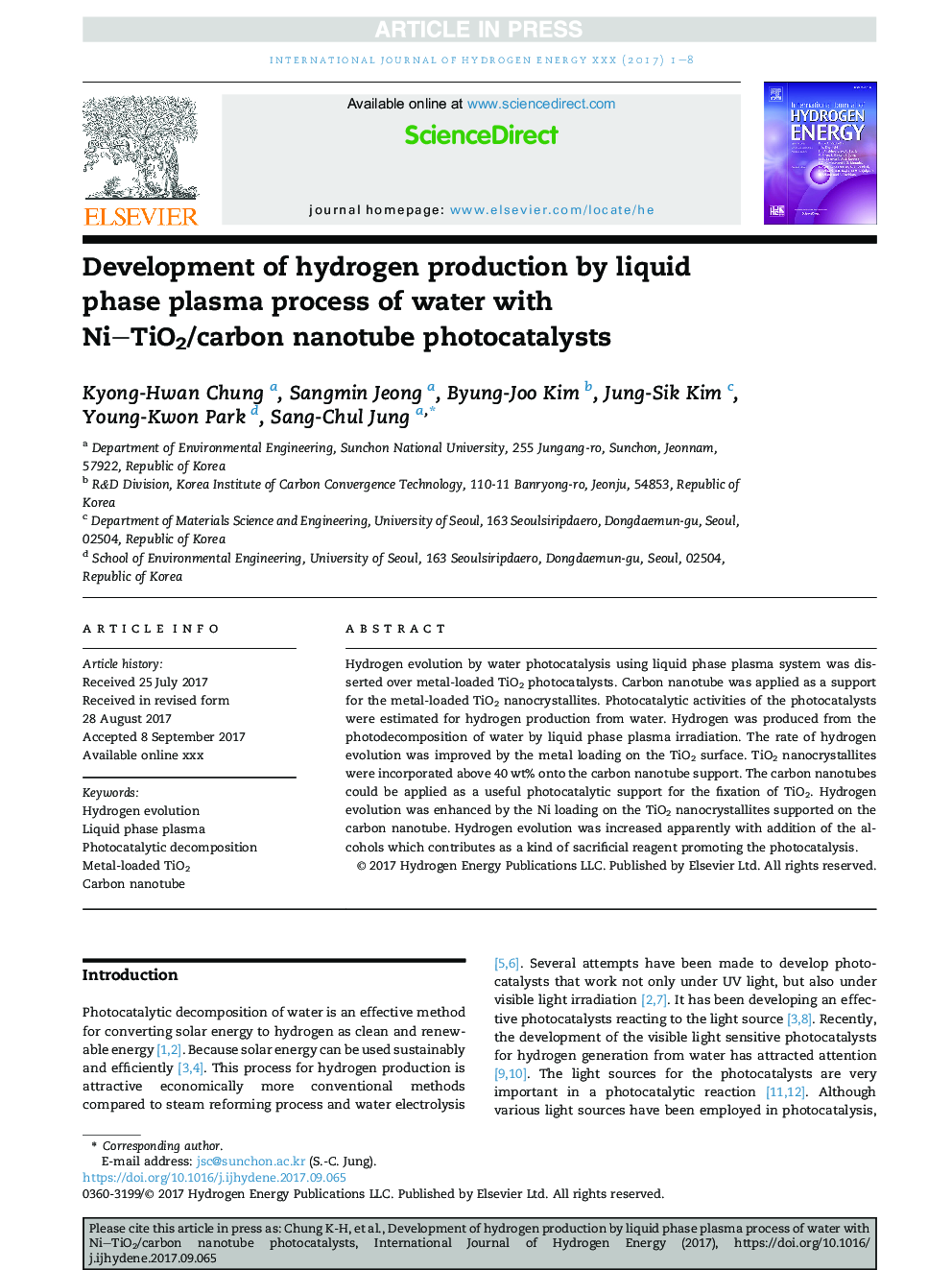 Development of hydrogen production by liquid phase plasma process of water with NiTiO2/carbon nanotube photocatalysts