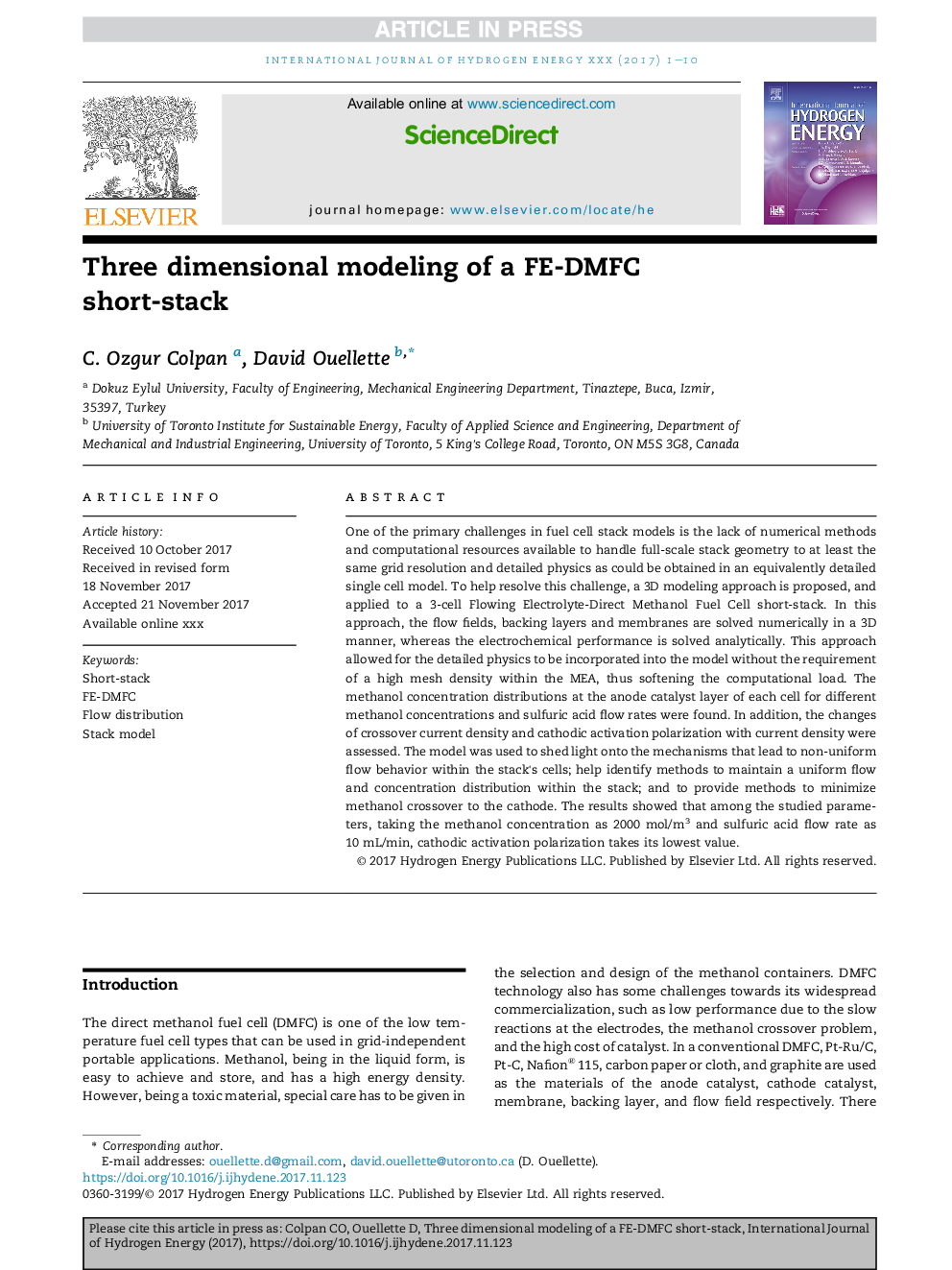 Three dimensional modeling of a FE-DMFC short-stack