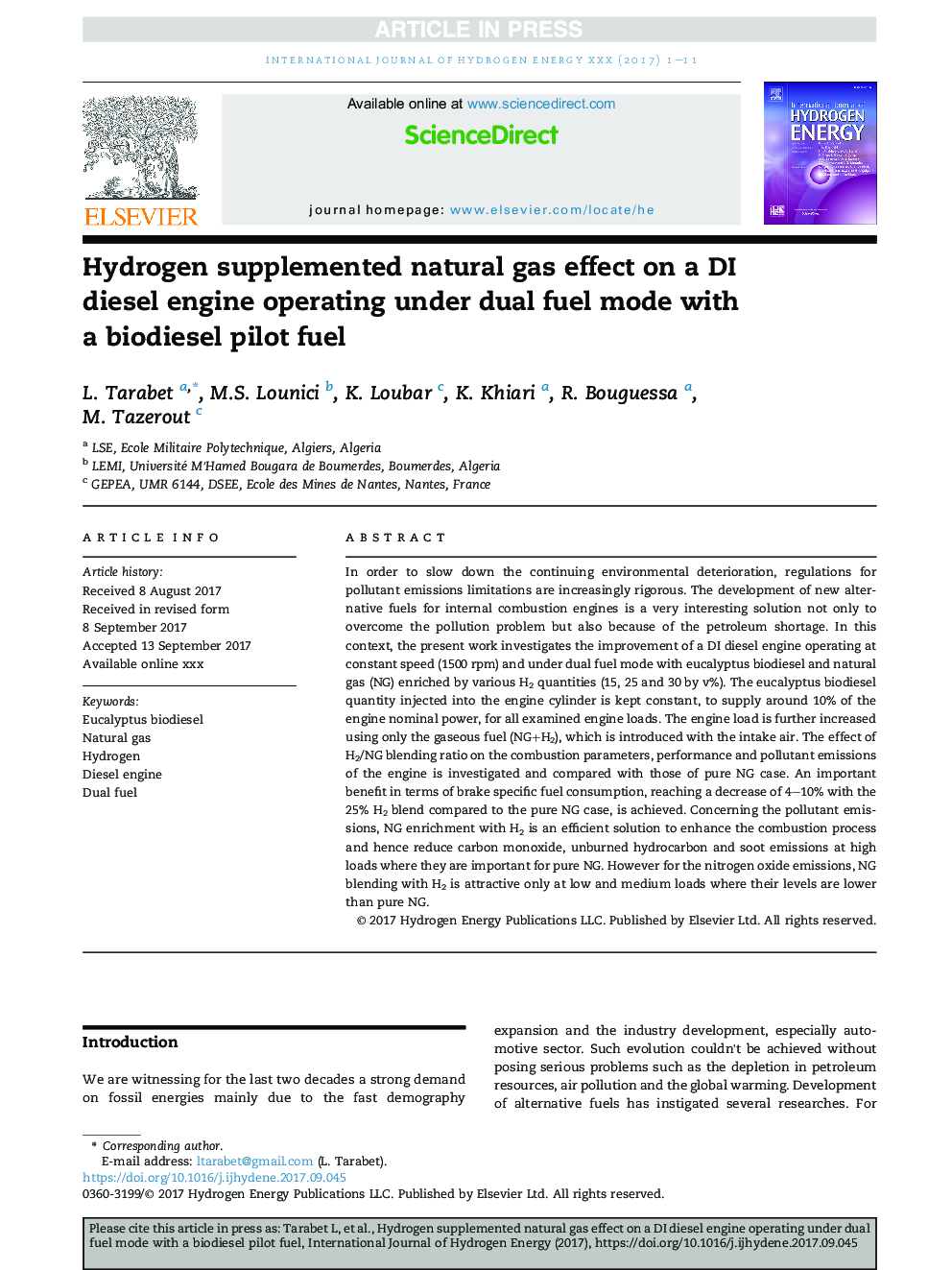 Hydrogen supplemented natural gas effect on a DI diesel engine operating under dual fuel mode with a biodiesel pilot fuel