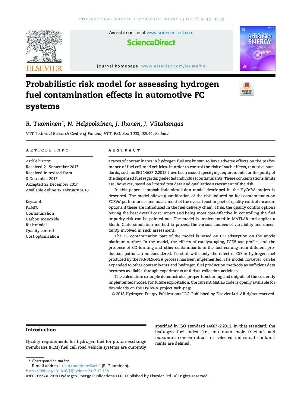 Probabilistic risk model for assessing hydrogen fuel contamination effects in automotive FC systems