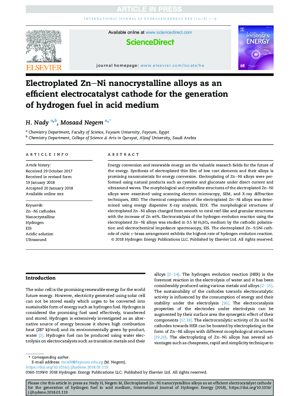 Electroplated Zn-Ni nanocrystalline alloys as an efficient electrocatalyst cathode for the generation of hydrogen fuel in acid medium