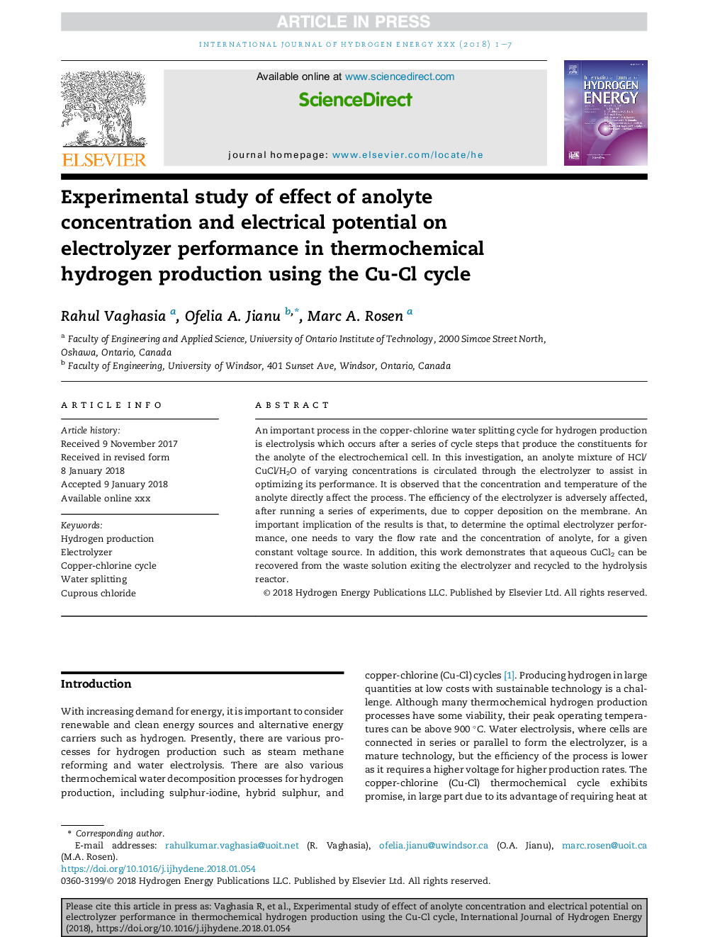 Experimental study of effect of anolyte concentration and electrical potential on electrolyzer performance in thermochemical hydrogen production using the Cu-Cl cycle