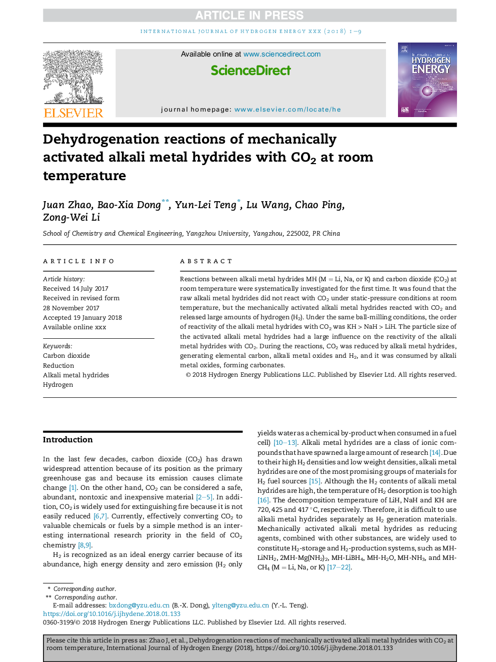 Dehydrogenation reactions of mechanically activated alkali metal hydrides with CO2 at room temperature