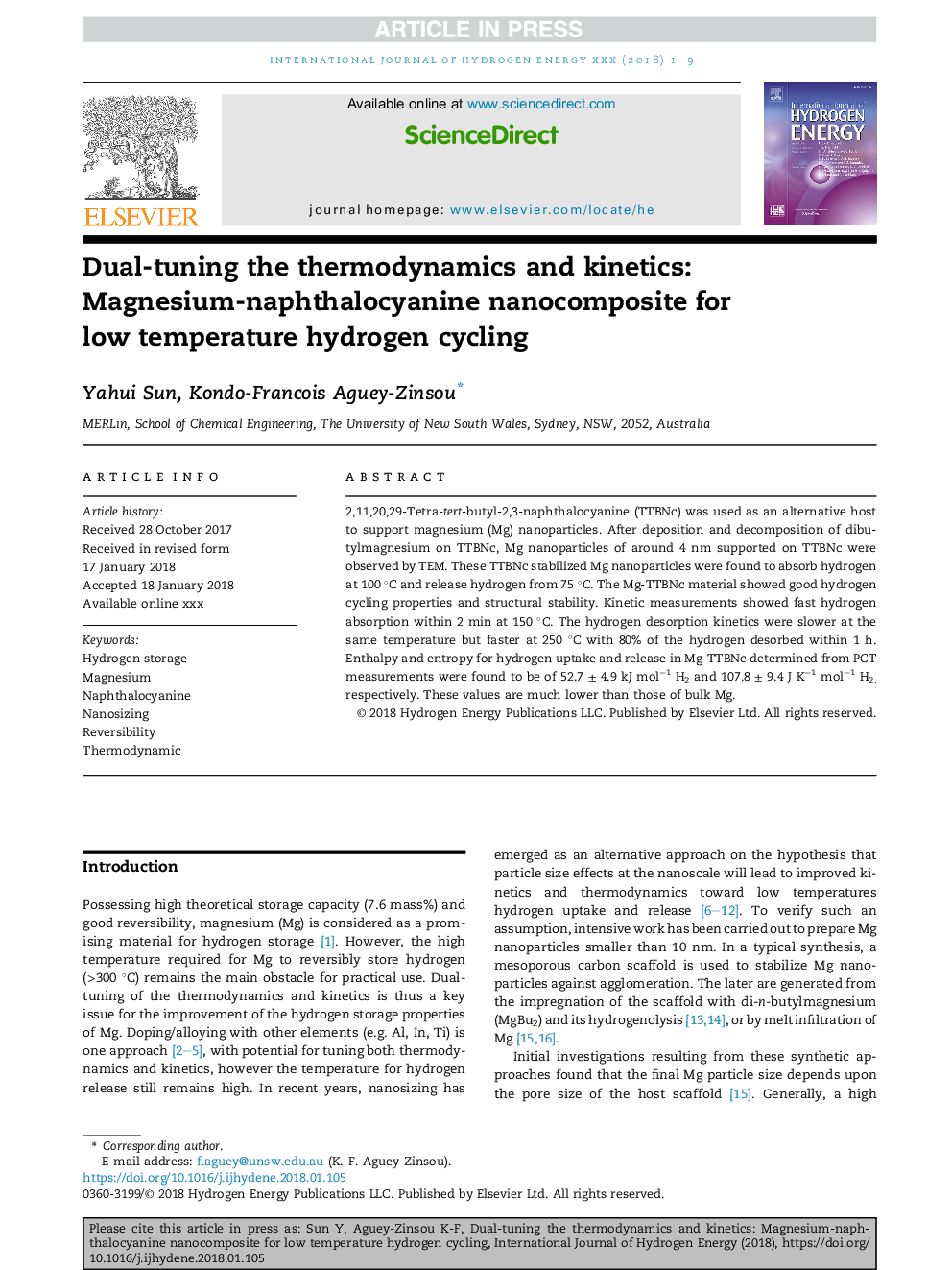 Dual-tuning the thermodynamics and kinetics: Magnesium-naphthalocyanine nanocomposite for low temperature hydrogen cycling