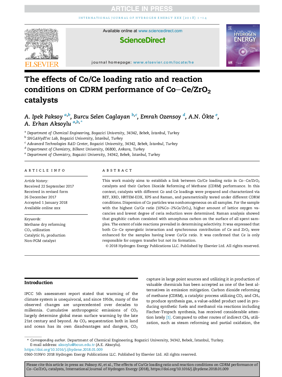 The effects of Co/Ce loading ratio and reaction conditions on CDRM performance of CoCe/ZrO2 catalysts