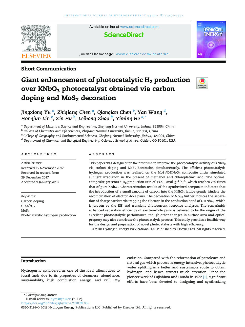Giant enhancement of photocatalytic H2 production over KNbO3 photocatalyst obtained via carbon doping and MoS2 decoration