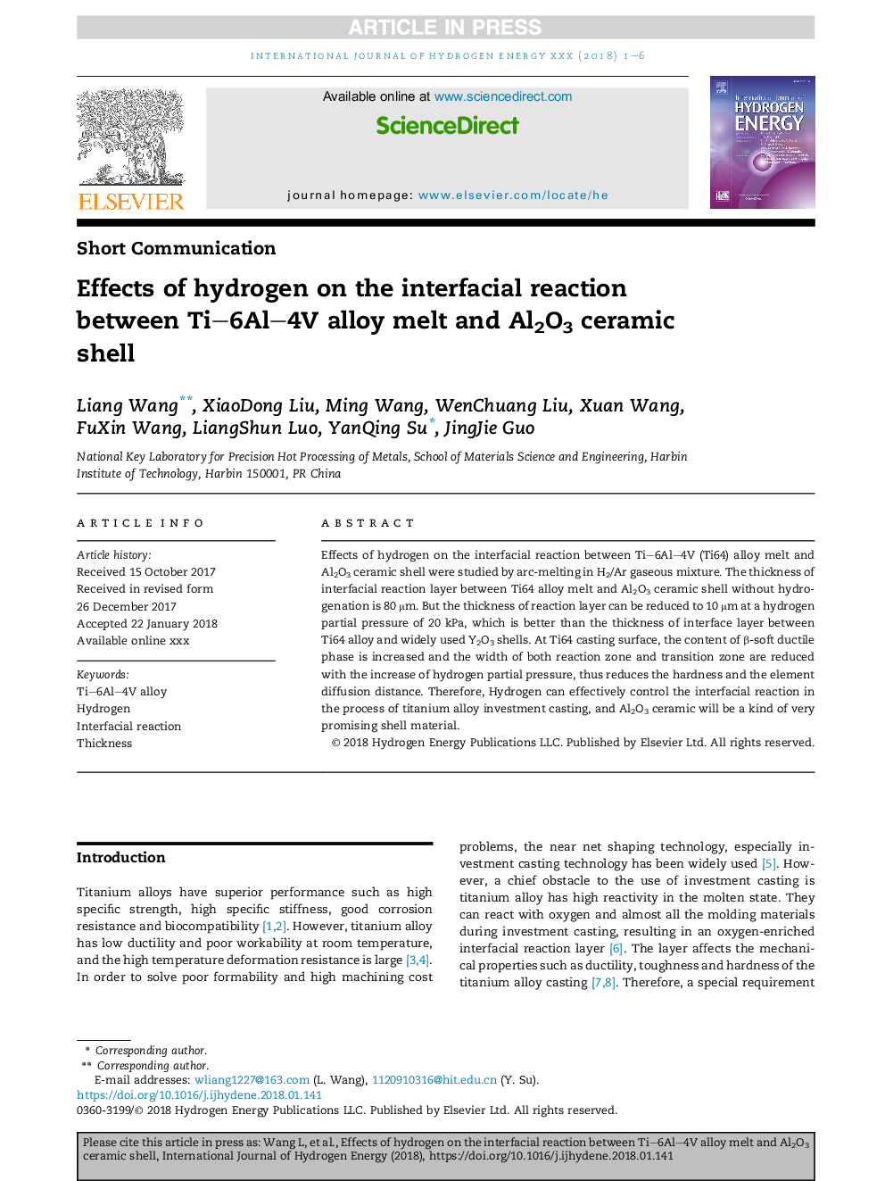 Effects of hydrogen on the interfacial reaction between Ti6Al4V alloy melt and Al2O3 ceramic shell