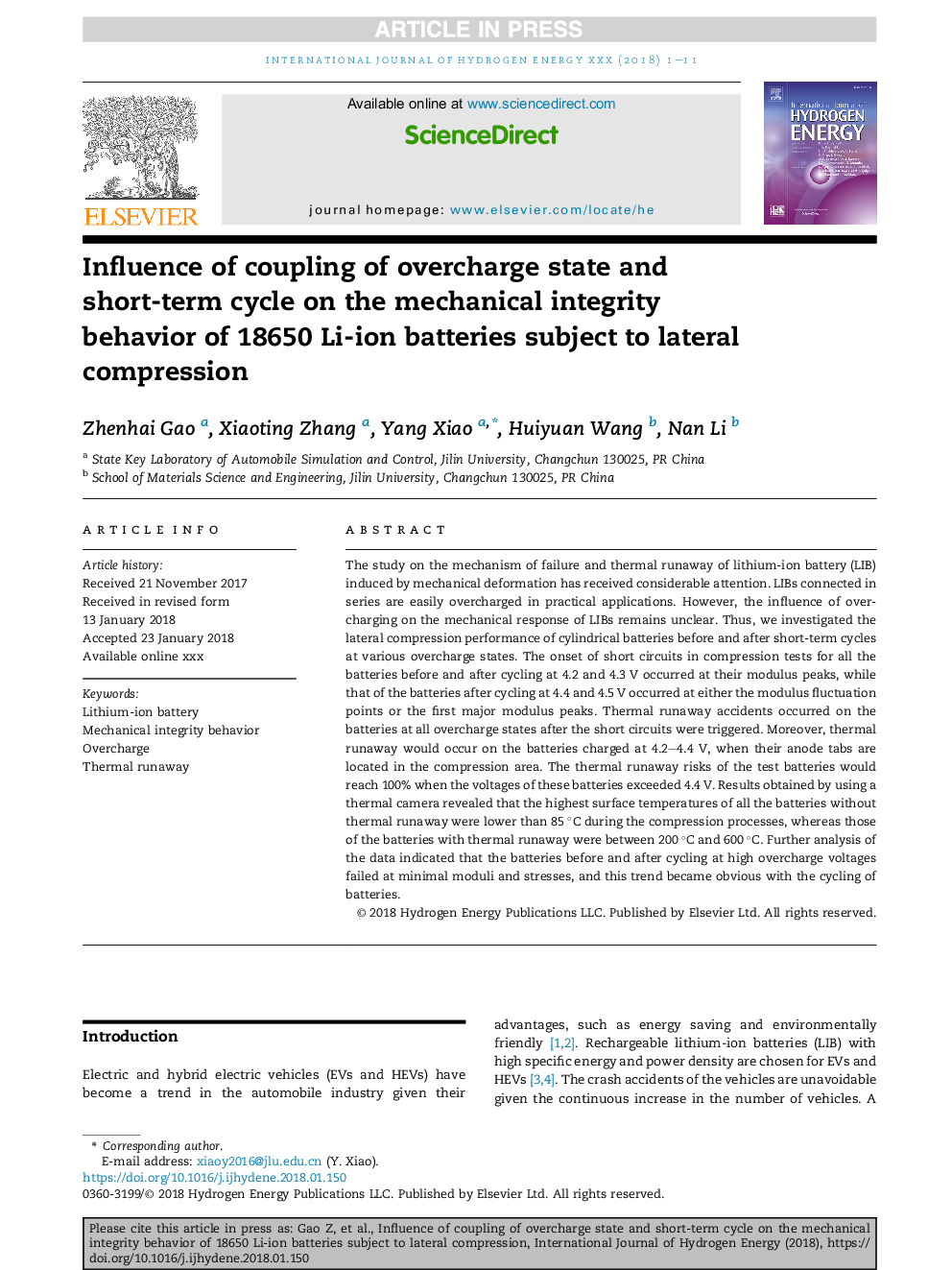 Influence of coupling of overcharge state and short-term cycle on the mechanical integrity behavior of 18650 Li-ion batteries subject to lateral compression