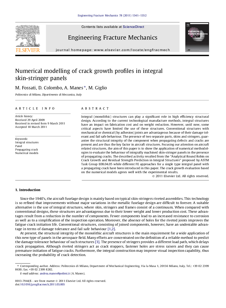 Numerical modelling of crack growth profiles in integral skin-stringer panels