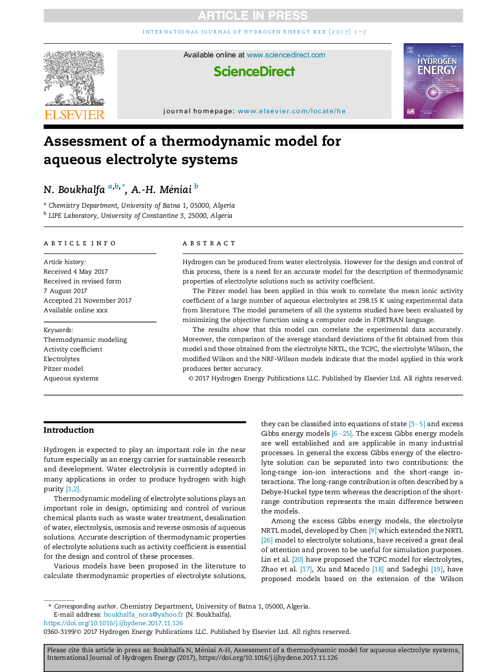 Assessment of a thermodynamic model for aqueous electrolyte systems