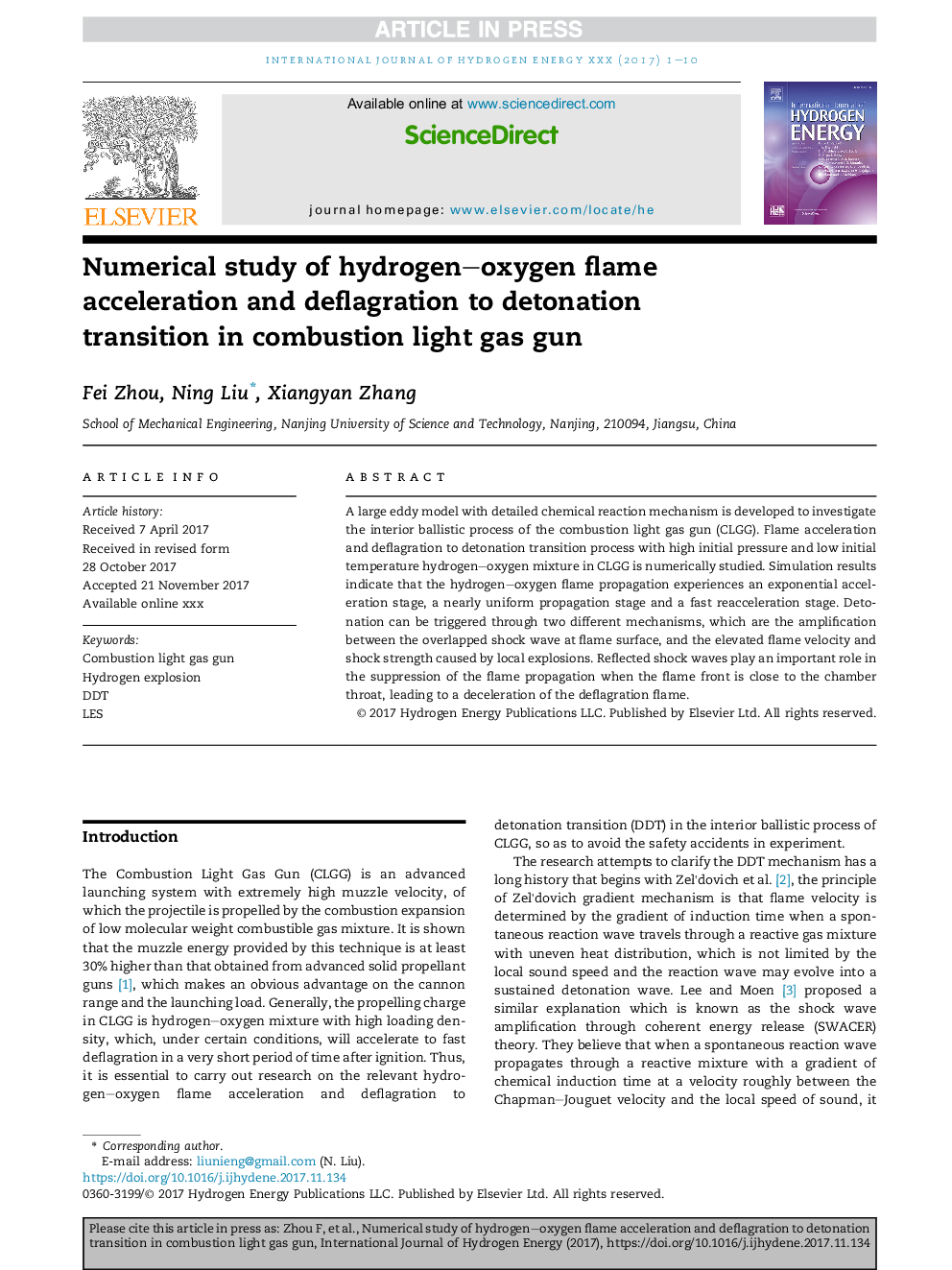 Numerical study of hydrogen-oxygen flame acceleration and deflagration to detonation transition in combustion light gas gun