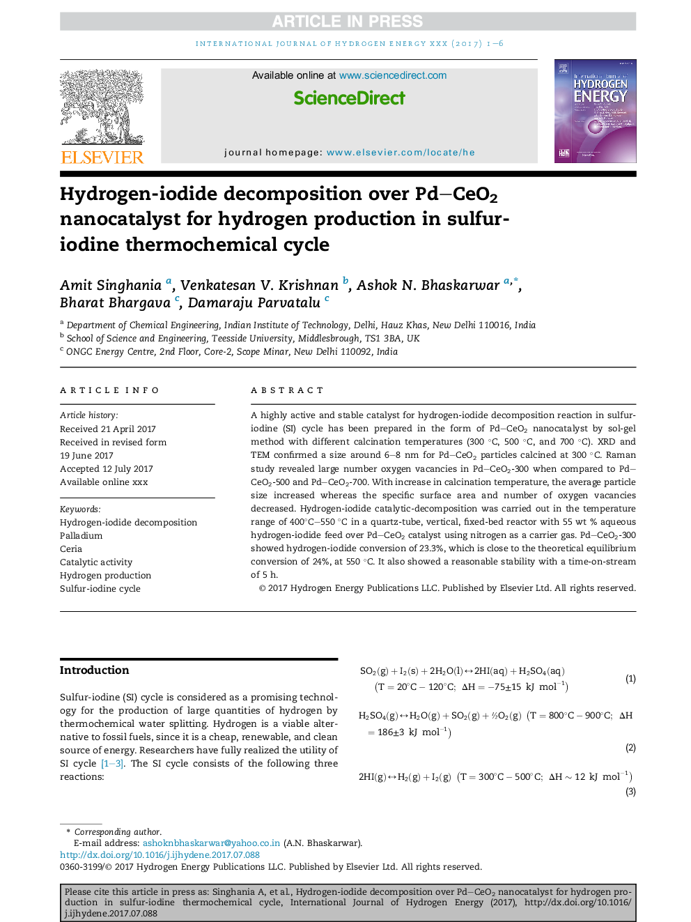 Hydrogen-iodide decomposition over PdCeO2 nanocatalyst for hydrogen production in sulfur-iodine thermochemical cycle