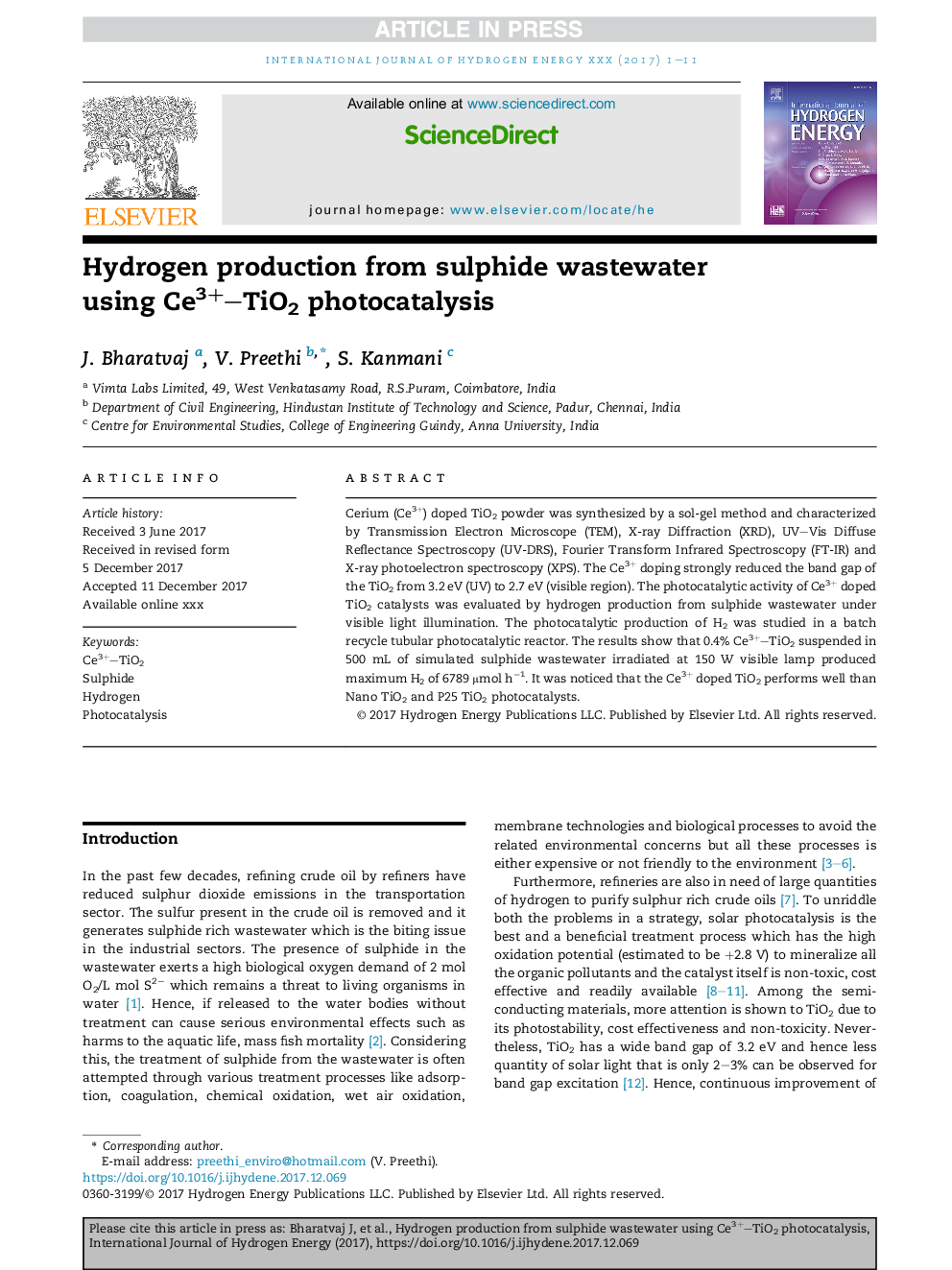 Hydrogen production from sulphide wastewater using Ce3+-TiO2 photocatalysis