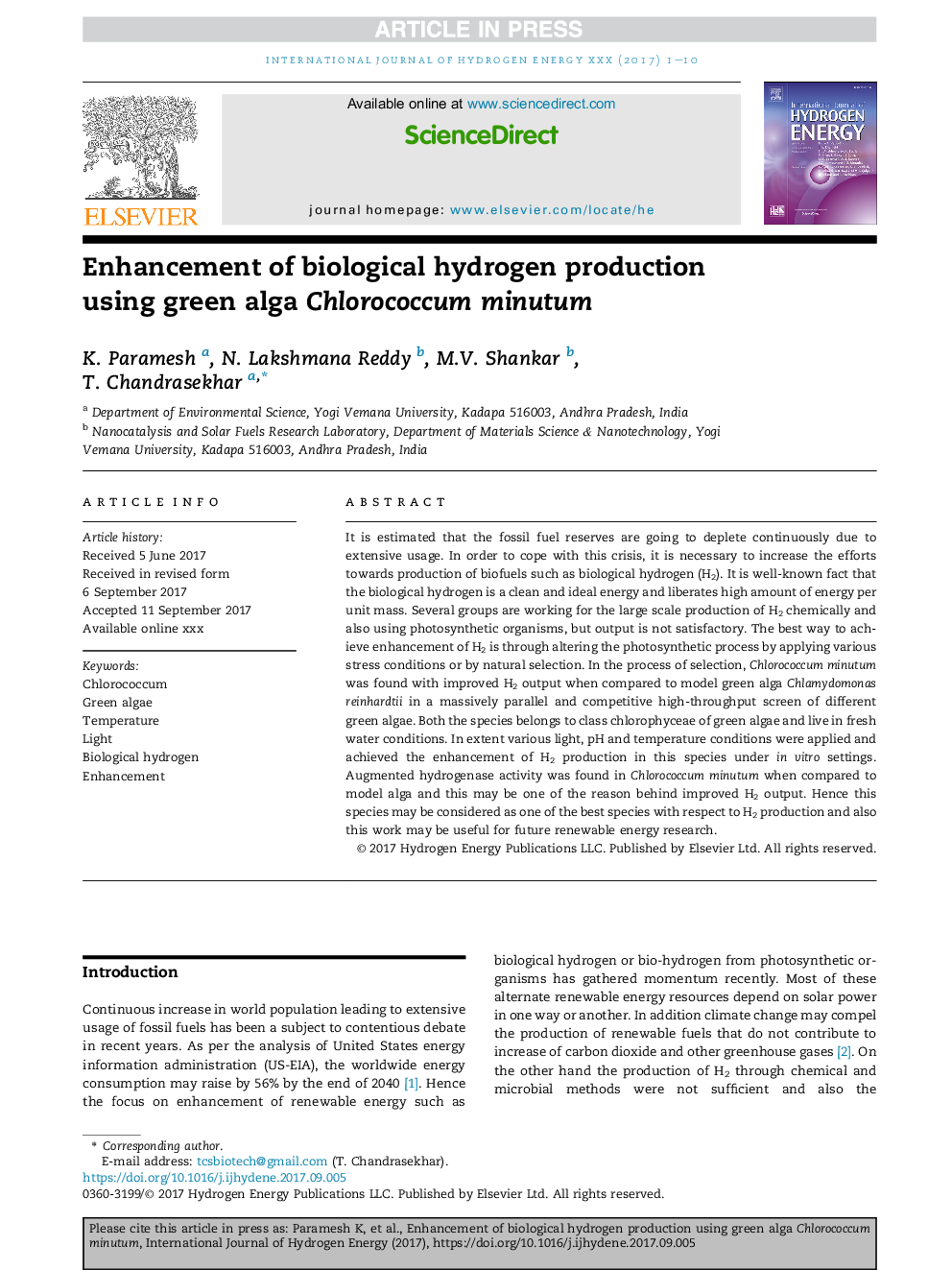 Enhancement of biological hydrogen production using green alga Chlorococcum minutum