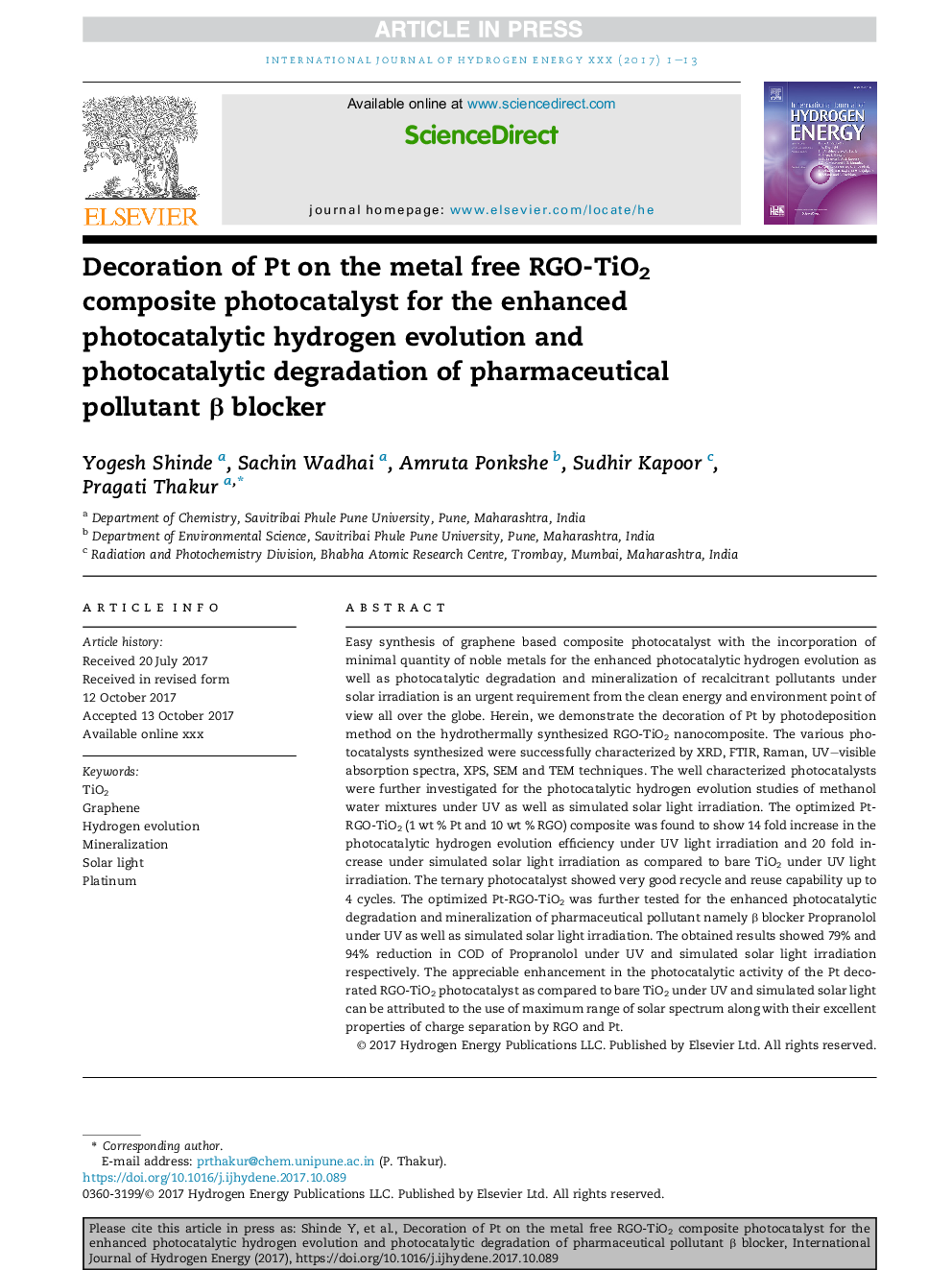 Decoration of Pt on the metal free RGO-TiO2 composite photocatalyst for the enhanced photocatalytic hydrogen evolution and photocatalytic degradation of pharmaceutical pollutant Î² blocker