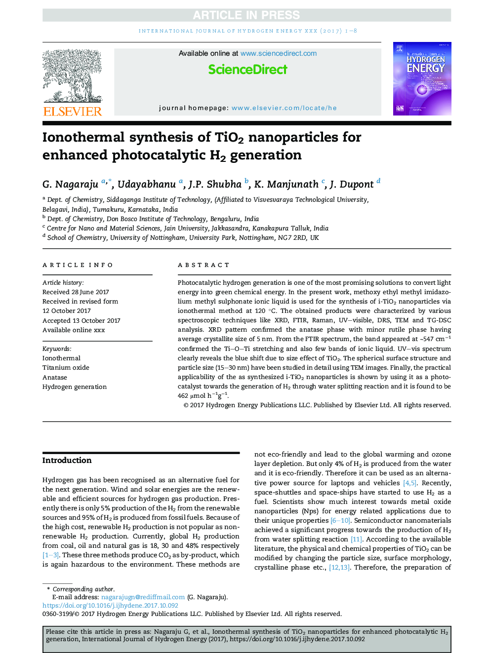 Ionothermal synthesis of TiO2 nanoparticles for enhanced photocatalytic H2 generation