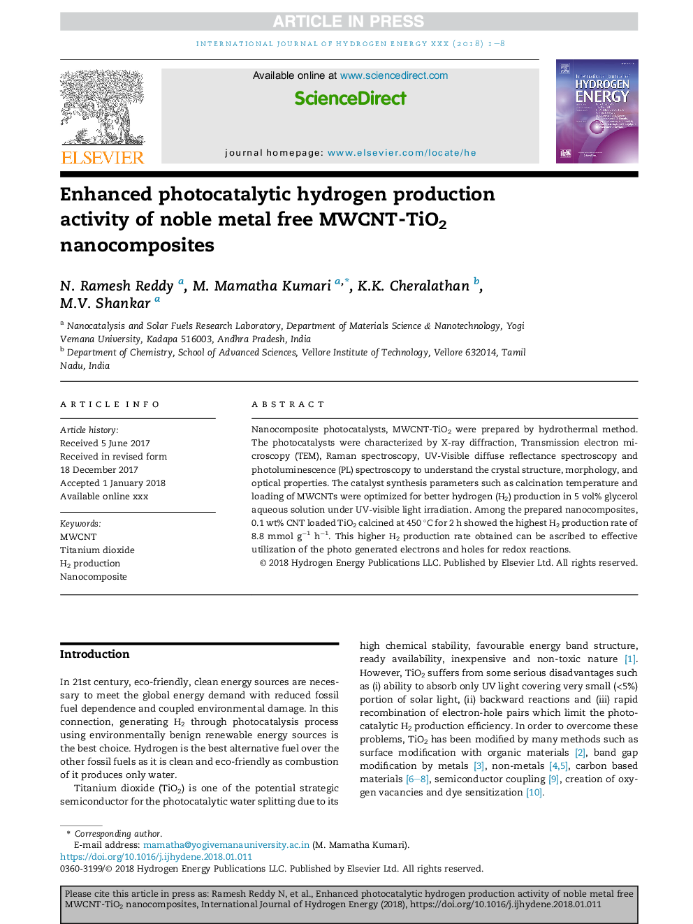 Enhanced photocatalytic hydrogen production activity of noble metal free MWCNT-TiO2 nanocomposites