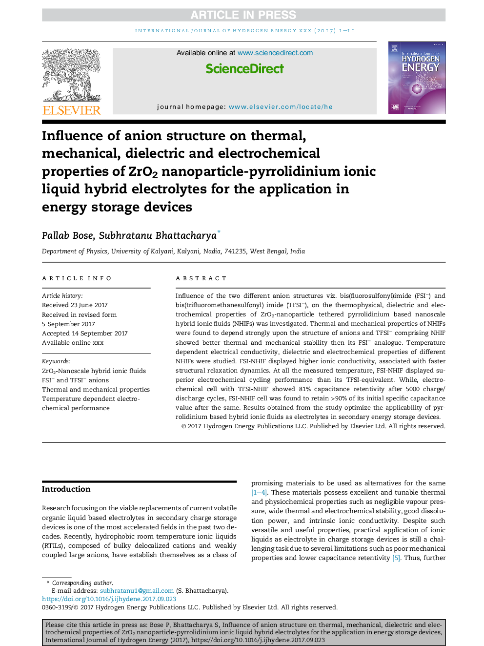 Influence of anion structure on thermal, mechanical, dielectric and electrochemical properties of ZrO2 nanoparticle-pyrrolidinium ionic liquid hybrid electrolytes for the application in energy storage devices