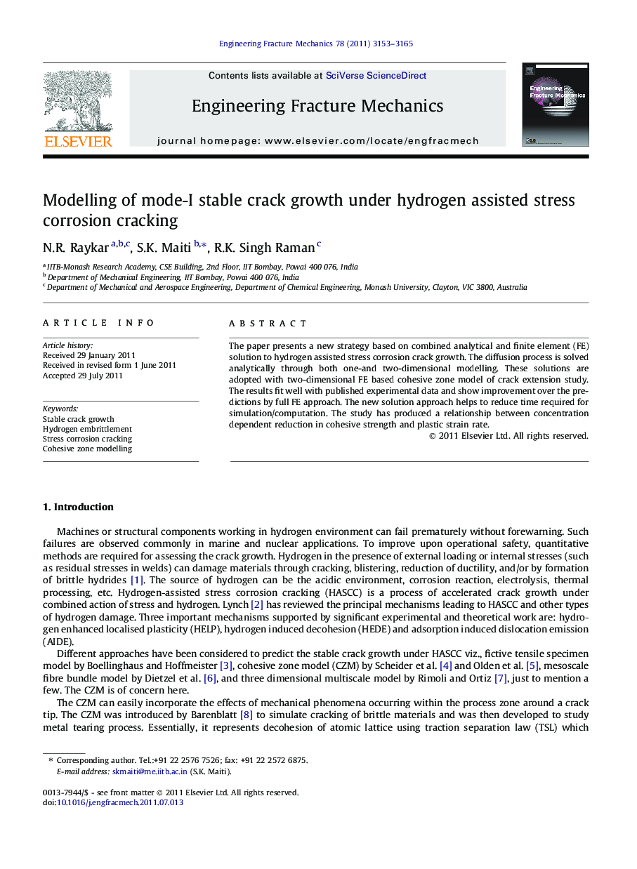 Modelling of mode-I stable crack growth under hydrogen assisted stress corrosion cracking