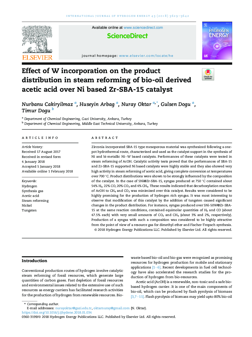 Effect of W incorporation on the product distribution in steam reforming of bio-oil derived acetic acid over Ni based Zr-SBA-15 catalyst