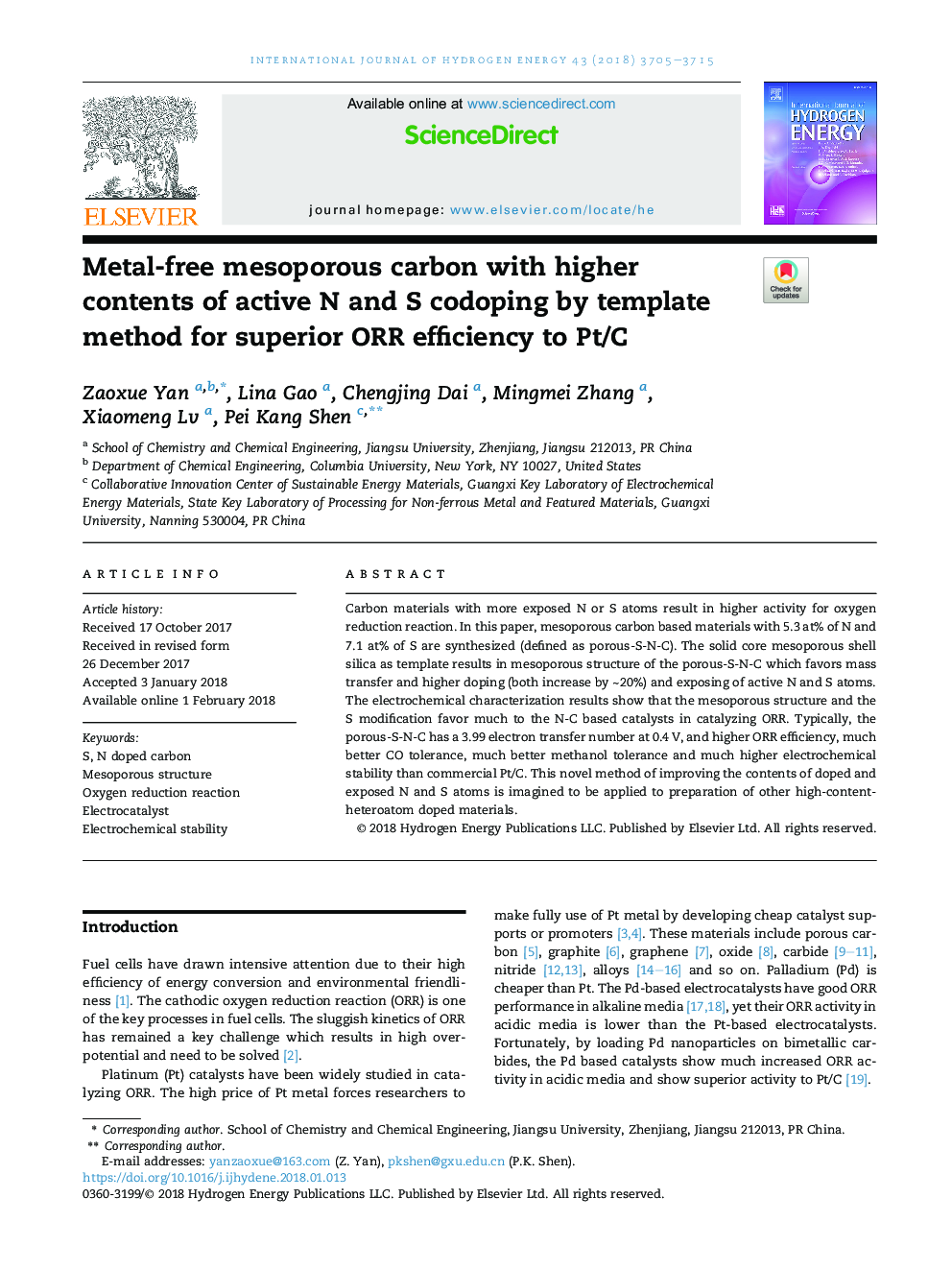 Metal-free mesoporous carbon with higher contents of active N and S codoping by template method for superior ORR efficiency to Pt/C